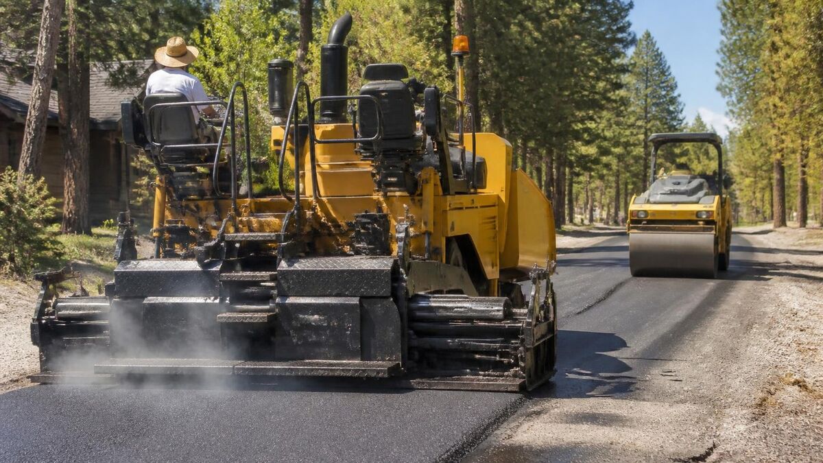 An asphalt paver laying a fresh hot mix mat on a road lined with pine trees, with a roller compacting behind it