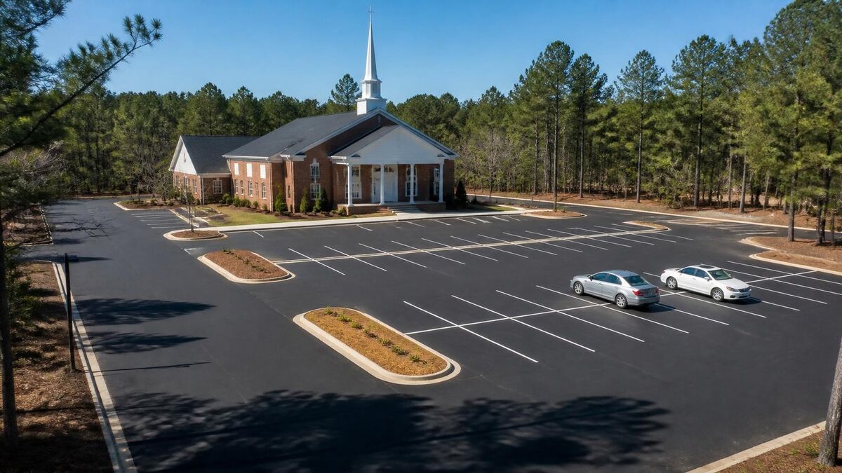A newly paved and striped asphalt parking lot in front of a brick church surrounded by pine trees