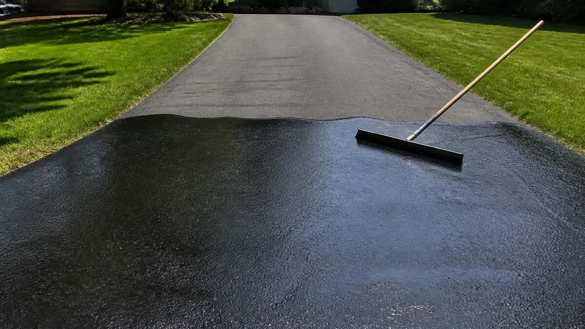 A residential driveway partly sealcoated, glossy black in front and dull gray beyond, with a squeegee resting on it